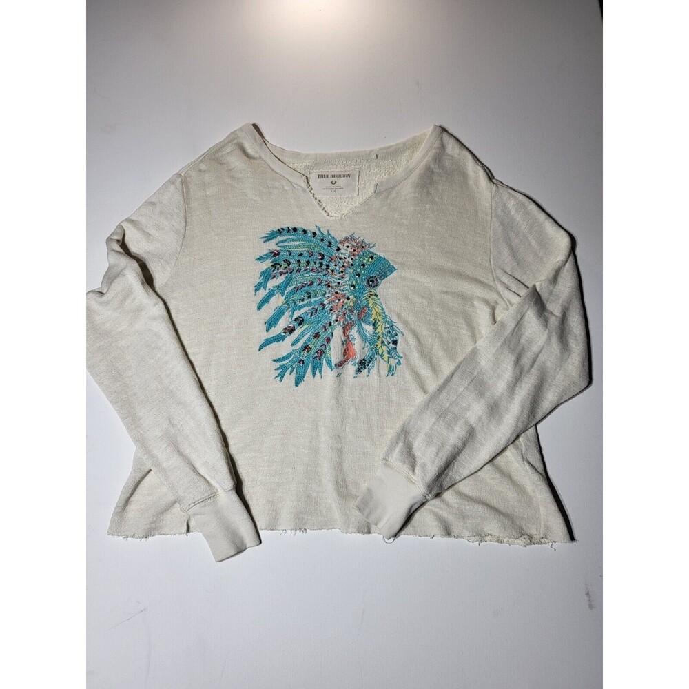 True Religion Lightweight Terry Sweatshirt Women S Knit Pullover Vneck @j1 White